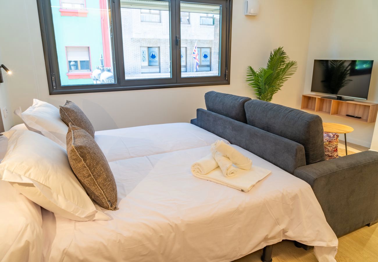 Sofá cama junto a la ventana con vistas a la calle, apartamento Urban Estudio