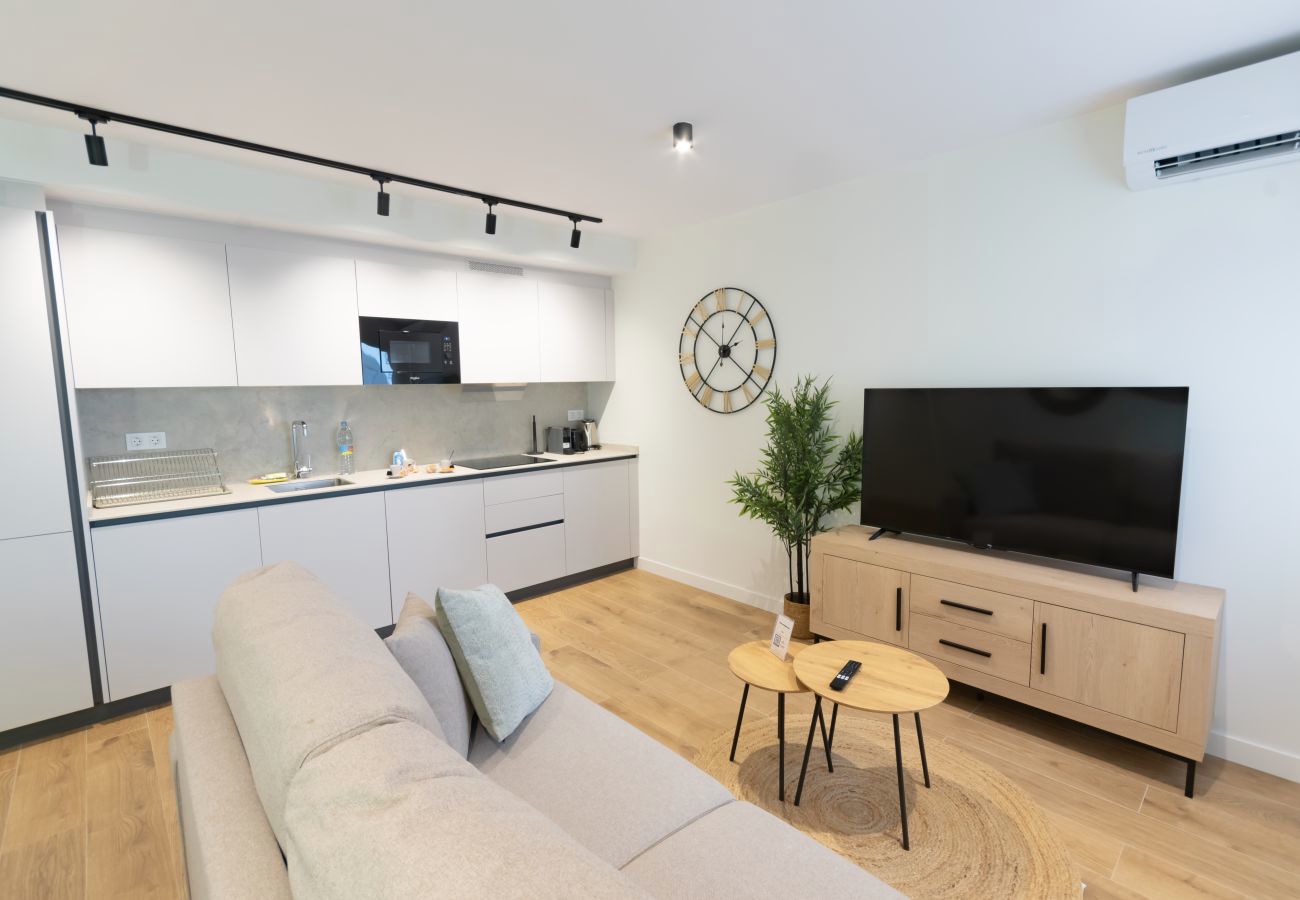 Lounge with sofa and open kitchen with white cabinetry, Urban Plus apartment