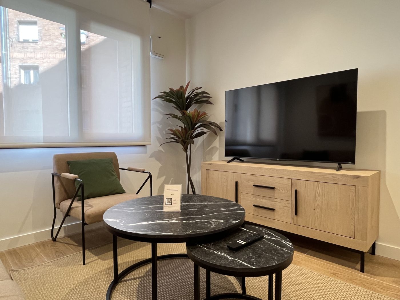 Rincón de salón con sillón, planta y televisor sobre mueble de madera, apartamento Urban Superior